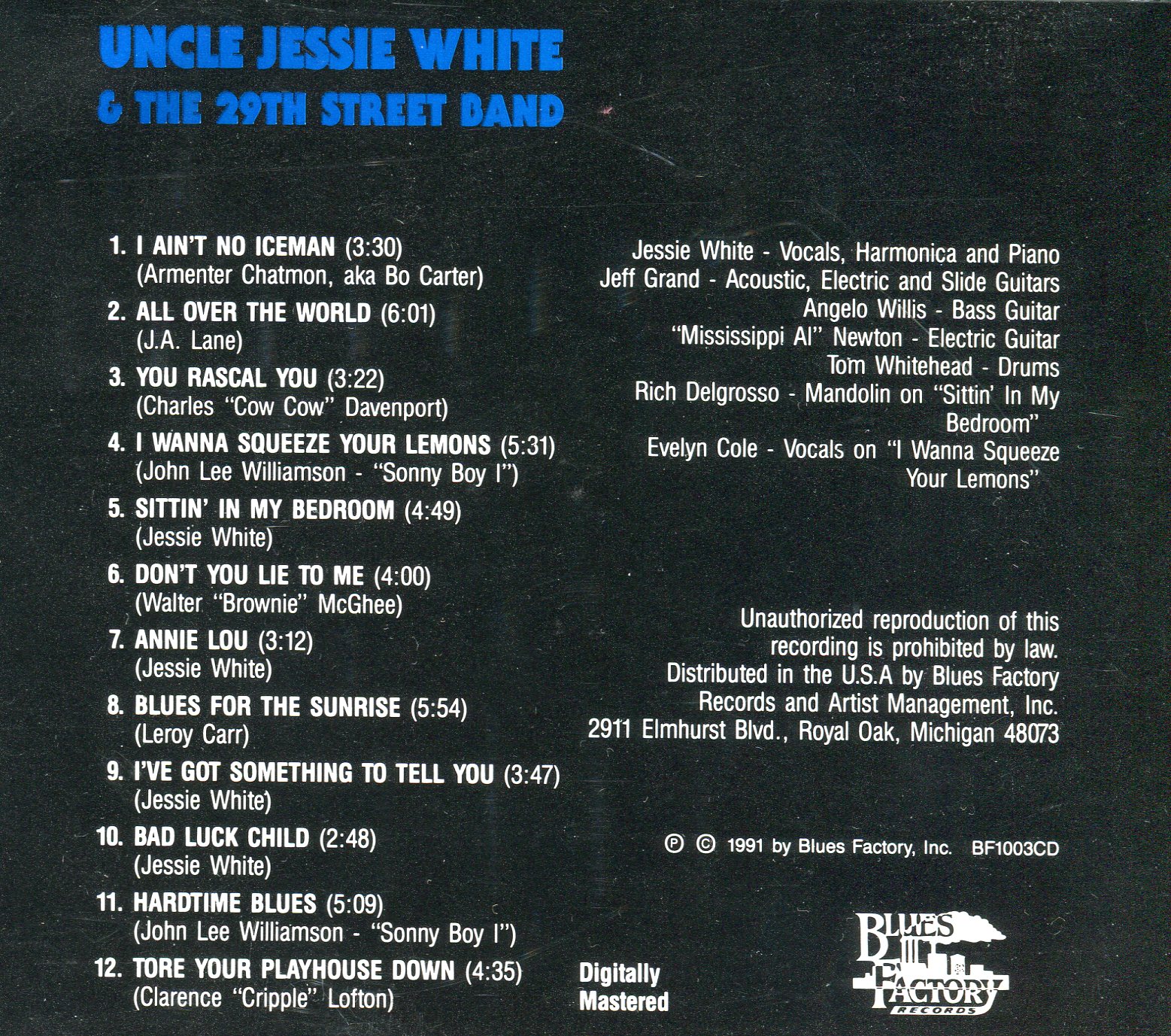 Uncle Jessie White album, back cover.